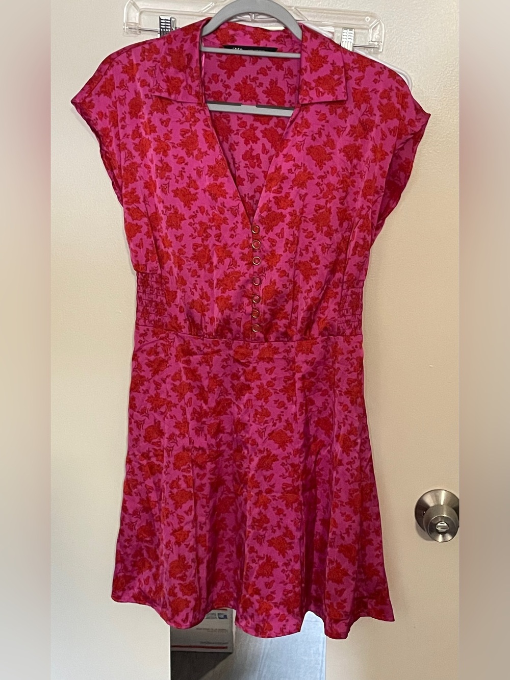 Zara Bright Pink Floral Button-Front short Dress size S. Womens, Ss flowy skirt